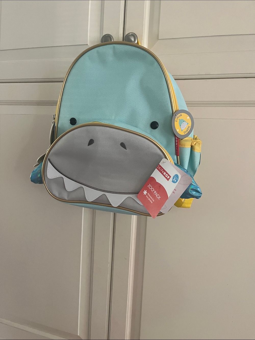 Skip Hop Shark Kids Backpack in Aqua and Gray with Yellow Accents